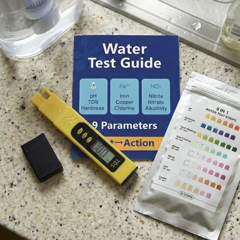 Water Test Kit - TDS Meter, 20 Test Strips (8 in 1), User Action Guide & 2 Record Sheets. Digital Water Tester for Home, Tap & Well Drinking Water. in Saudi Arabia