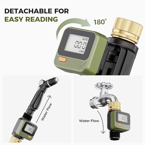 Diivoo Water Flow Meter with 180° Removable Panel, 4 Measure Modes, ±5% High Accuracy and IP54, Measure Gallon/Liter Consumption and Flow Rate for Outdoor Garden Hose Watering, RV Water Tank Filling in Kuwait