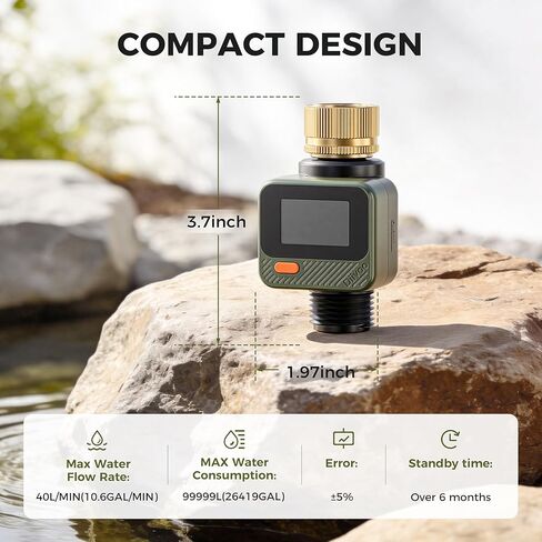 Diivoo Water Flow Meter with 180° Removable Panel, 4 Measure Modes, ±5% High Accuracy and IP54, Measure Gallon/Liter Consumption and Flow Rate for Outdoor Garden Hose Watering, RV Water Tank Filling in Kuwait