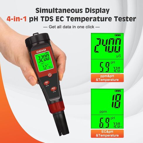 Digital pH Tester for Water, pH Meter for Hydroponic Water, TDS Tester EC PPM Test for Plant Nutrients, 4-in-1 Meter for Conductivity, pH Pen for Drinking Water, DWC, Indoor Plants in Saudi Arabia