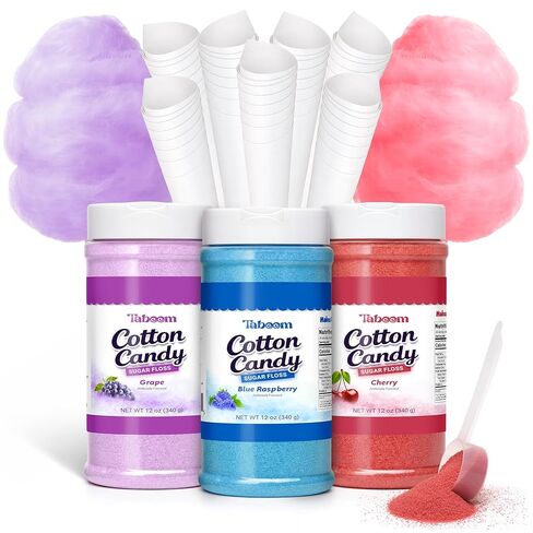 Cotton Candy Sugar Floss Variety Pack - Grape, Raspberry & Cherry Flavors, 3 Bottles (12oz Each) Includes 55 Cotton Candy Cones for Home & Commercial Cotton Candy Machines, Parties, Carnivals & Events in Kuwait