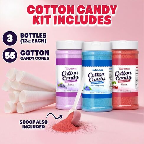 Cotton Candy Sugar Floss Variety Pack - Grape, Raspberry & Cherry Flavors, 3 Bottles (12oz Each) Includes 55 Cotton Candy Cones for Home & Commercial Cotton Candy Machines, Parties, Carnivals & Events in Kuwait