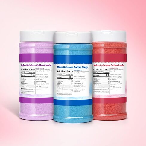 Cotton Candy Sugar Floss Variety Pack - Grape, Raspberry & Cherry Flavors, 3 Bottles (12oz Each) Includes 55 Cotton Candy Cones for Home & Commercial Cotton Candy Machines, Parties, Carnivals & Events in Kuwait