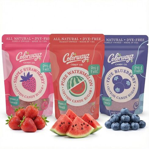 Colorwayz Dye-Free Cotton Candy Sugar – All Natural Floss Sugar for Cotton Candy Machines – Variety 3-Pack Strawberry, Blueberry & Watermelon – No Artificial Colors – 8oz Resealable Bags in Kuwait