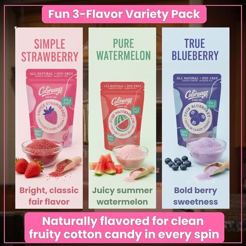Colorwayz Dye-Free Cotton Candy Sugar – All Natural Floss Sugar for Cotton Candy Machines – Variety 3-Pack Strawberry, Blueberry & Watermelon – No Artificial Colors – 8oz Resealable Bags in Kuwait