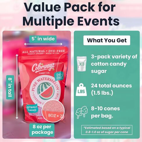 Colorwayz Dye-Free Cotton Candy Sugar – All Natural Floss Sugar for Cotton Candy Machines – Variety 3-Pack Strawberry, Blueberry & Watermelon – No Artificial Colors – 8oz Resealable Bags in Kuwait
