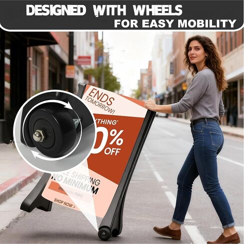 Heavy Duty A Frame Sign 24 x 36 Inch Double Sided Slide in Sidewalk Signboard Portable Water Fillable Sandwich Board with 2 Wheels Outdoor Business Advertising Display Holder in Kuwait