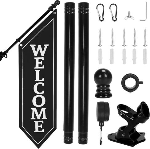 مجموعة علم الترحيب مزدوجة الجوانب شديدة التحمل - لافتة قماش خارجية مقاس 42 × 13 بوصة مع عمود ودعامة معدنية - لافتة واجهة متجر الأعمال لعرض البيع بالتجزئة أو المتجر أو المطعم (أسود) in Kuwait