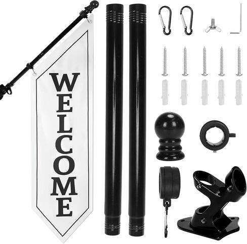 Heavy Duty Double Sided Welcome Flag Kit – 42x13" Outdoor Canvas Banner with Pole & Metal Bracket – Business Storefront Sign for Retail, Shop, or Restaurant Marketing Display (Black) in Saudi Arabia