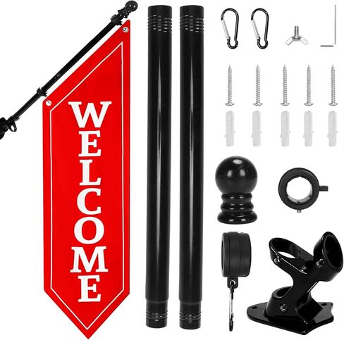 Heavy Duty Double Sided Welcome Flag Kit – 42x13" Outdoor Canvas Banner with Pole & Metal Bracket – Business Storefront Sign for Retail, Shop, or Restaurant Marketing Display (Black) in Saudi Arabia