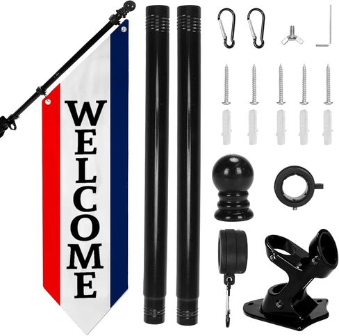 Heavy Duty Double Sided Welcome Flag Kit – 42x13" Outdoor Canvas Banner with Pole & Metal Bracket – Business Storefront Sign for Retail, Shop, or Restaurant Marketing Display (Black) in Saudi Arabia