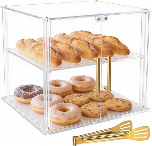 2-Tier Acrylic Bakery Display Case, 15.8"x11.8"x11.8" Clear Pastry Display Case with Magnetic Door & Trays, Countertop Food Storage for Donuts, Bagels, Cakes, Cookies in Saudi Arabia