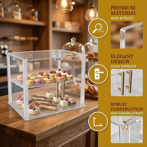 2-Tier Acrylic Bakery Display Case, 15.8"x11.8"x11.8" Clear Pastry Display Case with Magnetic Door & Trays, Countertop Food Storage for Donuts, Bagels, Cakes, Cookies in Saudi Arabia