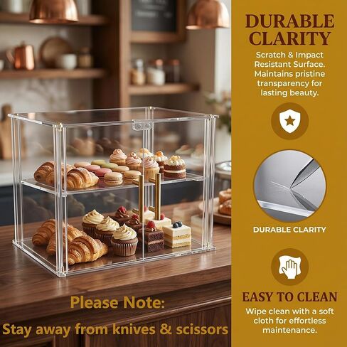 2-Tier Acrylic Bakery Display Case, 15.8"x11.8"x11.8" Clear Pastry Display Case with Magnetic Door & Trays, Countertop Food Storage for Donuts, Bagels, Cakes, Cookies in Saudi Arabia