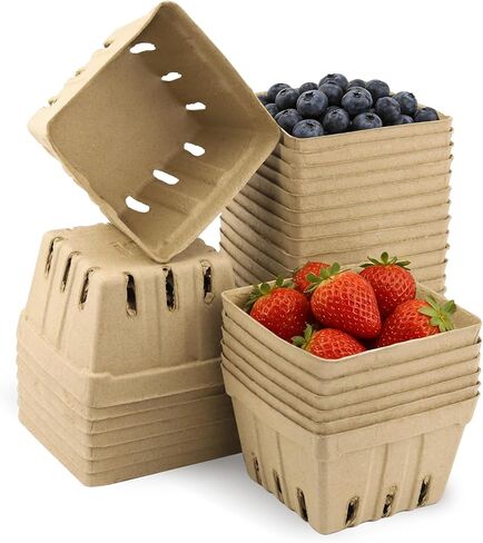 30 Pack Natural Pulp Fiber Berry Basket (4.3x4.3x2.75 Inch), Natural Pulp Produce Baskets & Berry Containers, Vented Strawberry Baskets for Farmers Market Decor, Grocery Store and Kitchen Display in Kuwait