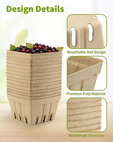 30 Pack Natural Pulp Fiber Berry Basket (4.3x4.3x2.75 Inch), Natural Pulp Produce Baskets & Berry Containers, Vented Strawberry Baskets for Farmers Market Decor, Grocery Store and Kitchen Display in Kuwait