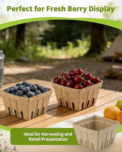 30 Pack Natural Pulp Fiber Berry Basket (4.3x4.3x2.75 Inch), Natural Pulp Produce Baskets & Berry Containers, Vented Strawberry Baskets for Farmers Market Decor, Grocery Store and Kitchen Display in Kuwait