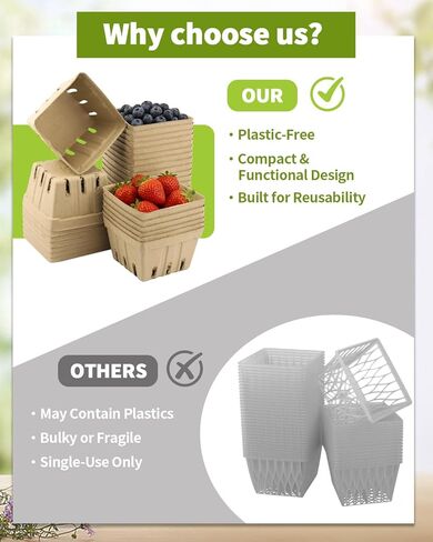30 Pack Natural Pulp Fiber Berry Basket (4.3x4.3x2.75 Inch), Natural Pulp Produce Baskets & Berry Containers, Vented Strawberry Baskets for Farmers Market Decor, Grocery Store and Kitchen Display in Kuwait
