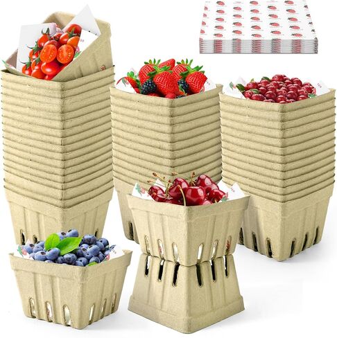 36 Pcs Natural Pulp Fiber Berry Basket with 50 Sheets of Wax Paper, Molded Ventilated Produce Baskets for Strawberry Blueberry Vegetable and Snack, for Fruit Picking, Farmers Market, Backyard Party in Saudi Arabia