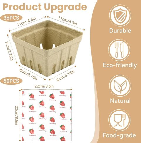 36 Pcs Natural Pulp Fiber Berry Basket with 50 Sheets of Wax Paper, Molded Ventilated Produce Baskets for Strawberry Blueberry Vegetable and Snack, for Fruit Picking, Farmers Market, Backyard Party in Saudi Arabia