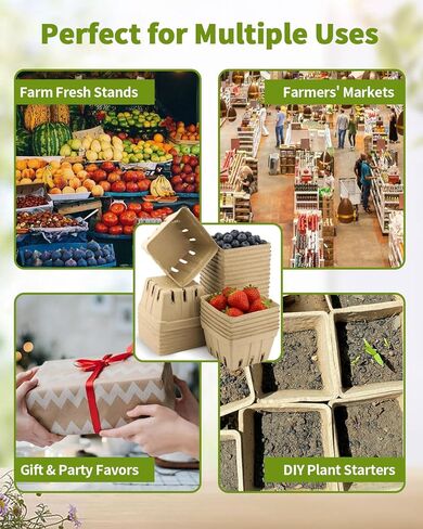 30 Pack Natural Pulp Fiber Berry Basket (4.3x4.3x2.75 Inch), Natural Pulp Produce Baskets & Berry Containers, Vented Strawberry Baskets for Farmers Market Decor, Grocery Store and Kitchen Display in Kuwait