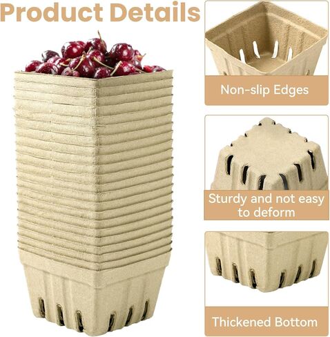 36 Pcs Natural Pulp Fiber Berry Basket with 50 Sheets of Wax Paper, Molded Ventilated Produce Baskets for Strawberry Blueberry Vegetable and Snack, for Fruit Picking, Farmers Market, Backyard Party in Saudi Arabia