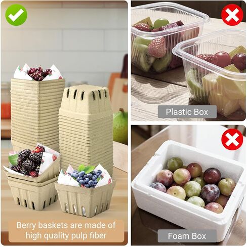 36 Pcs Natural Pulp Fiber Berry Basket with 50 Sheets of Wax Paper, Molded Ventilated Produce Baskets for Strawberry Blueberry Vegetable and Snack, for Fruit Picking, Farmers Market, Backyard Party in Saudi Arabia