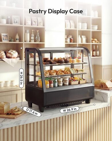 Certified Commercial Refrigerator, 3.6 Cu.Ft Countertop Refrigerator Refrigerated Display Case with Curved Glass & Auto Defrost, Freestanding Bakery Display Case for Cafe & Restaurant in Kuwait