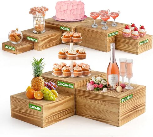 8-Pack Pine Wood Buffet Risers, Multi-Size Nesting Cube Food Display Stands for Buffet Table & Catering, Hollow Bottoms Food Risers for Multi-Level Buffet Presentation in Kuwait