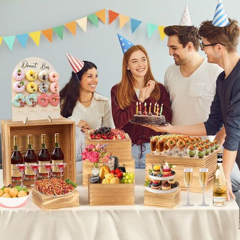 8-Pack Pine Wood Buffet Risers, Multi-Size Nesting Cube Food Display Stands for Buffet Table & Catering, Hollow Bottoms Food Risers for Multi-Level Buffet Presentation in Kuwait