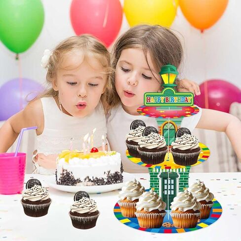 Cartoon Birthday Cupcake Stand Three-Tier Red Brick Wall Cake Tower Tiered Dessert Stand Cartoon Street Birthday Party Supplies in Saudi Arabia