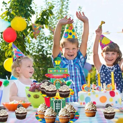 Cartoon Birthday Cupcake Stand Three-Tier Red Brick Wall Cake Tower Tiered Dessert Stand Cartoon Street Birthday Party Supplies in Saudi Arabia