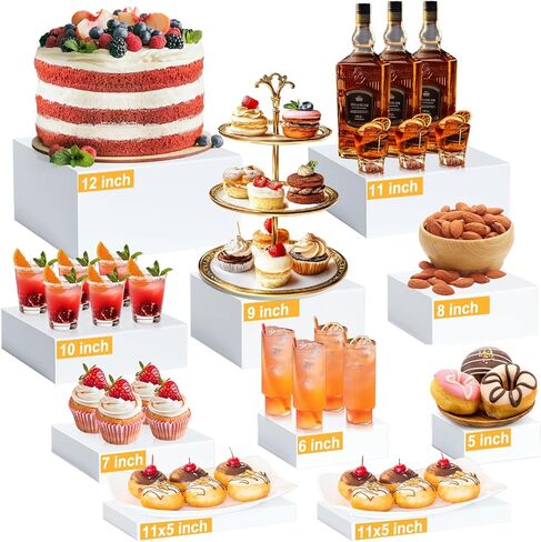 10 Pcs Large Acrylic Buffet Risers, White Food Display Stands for Buffet, Dessert Table, Jewelry, and Catering, Stackable Food Risers with Hollow Bottoms, Nesting Cube Box (12"-11"-10"-9"-8"-7"-6"-5") in Kuwait