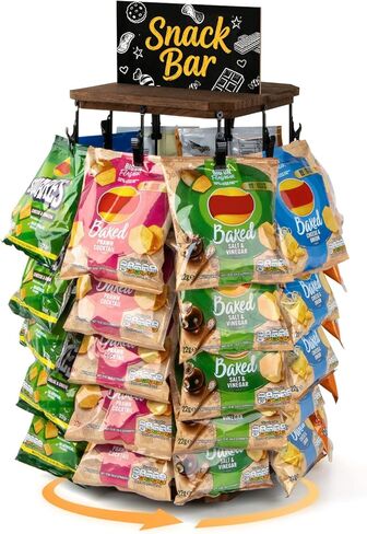 PUERSI Wooden Chip Rack Display Stand, 5 Tiers 40 Clips Rotating Snack Rack for Office Countertop, Snack Organizer Chip Storage Candy Display for Concession, Party, Retail, with Message Board - Brown in Kuwait