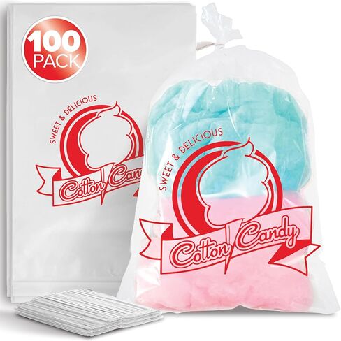 Clear Cotton Candy Bags with Ties, Bulk 100 Count, Great for Cotton Candy Sticks and Cones, Individual Bags for Stands and Accessories in Saudi Arabia