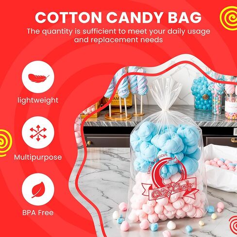 Clear Cotton Candy Bags with Ties, Bulk 100 Count, Great for Cotton Candy Sticks and Cones, Individual Bags for Stands and Accessories in Saudi Arabia