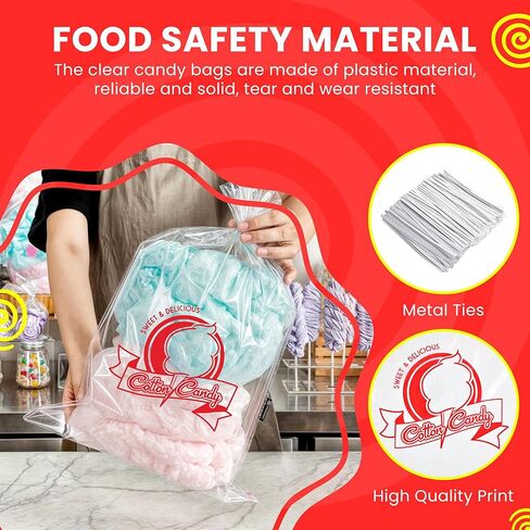 Clear Cotton Candy Bags with Ties, Bulk 100 Count, Great for Cotton Candy Sticks and Cones, Individual Bags for Stands and Accessories in Saudi Arabia