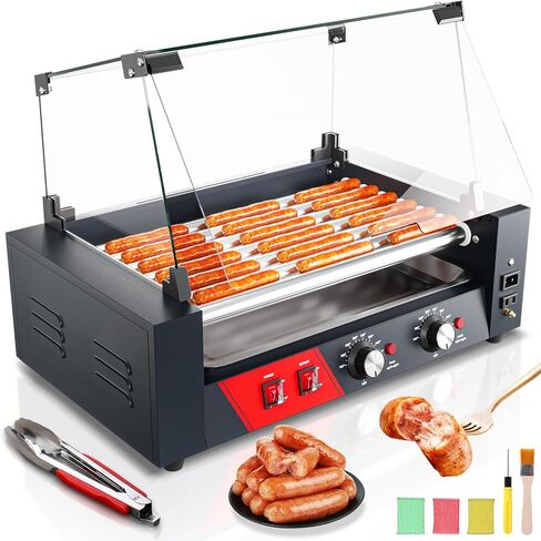 Commercial Hot Dog Rollers, 7 Rollers 18-24 Hot Dogs Capacity, 1000W Stainless Steel Hot Dog Griller with Dual Controls, Glass Cover, Removable Tray for Commercial and Party in Kuwait