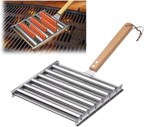 Stainless Steel Hot Dog Roller with Extended Wooden Handle, BBQ Sausage Grill for Uniform Cooking, Holds 5 Hot Dogs in Saudi Arabia