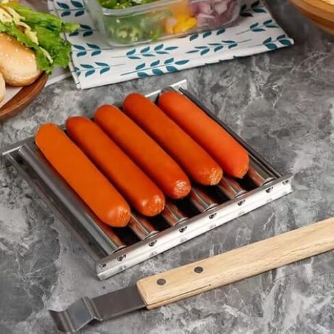 Stainless Steel Hot Dog Roller with Extended Wooden Handle, BBQ Sausage Grill for Uniform Cooking, Holds 5 Hot Dogs in Saudi Arabia