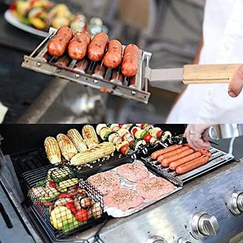Stainless Steel Hot Dog Roller with Extended Wooden Handle, BBQ Sausage Grill for Uniform Cooking, Holds 5 Hot Dogs in Saudi Arabia
