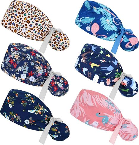 Honoson 6 Pcs Scrub Caps for Women with Buttons, Adjustable Bouffant Surgical Caps with Ponytail Holder, Cotton Nurse Hats in Kuwait