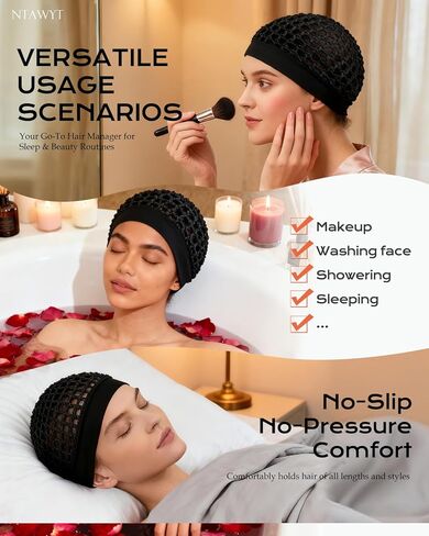 قطعتان من شبكة الشعر المرنة المريحة للنوم والضغط الحريري - بدون علامات حمراء، قبعة شبكية ملتوية للشعر من توبي للنساء (أسود) in Kuwait