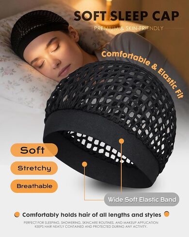 عبوتان من شبكات الشعر للنساء النائمات باللون الأسود، مرنة قابلة للتمدد ولا توجد علامات وشبكة شعر آمنة للضغط الحريري، شبكات شعر مريحة، شبكة لف الشعر قابلة للتنفس لحماية الشعر in Kuwait