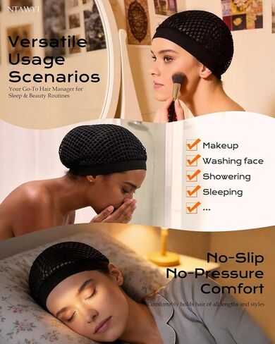 عبوتان من شبكات الشعر للنساء النائمات باللون الأسود، مرنة قابلة للتمدد ولا توجد علامات وشبكة شعر آمنة للضغط الحريري، شبكات شعر مريحة، شبكة لف الشعر قابلة للتنفس لحماية الشعر in Kuwait