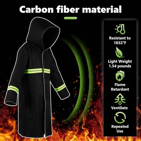 Fireproof Cloak 1832°F Heat Resistant Suit w/Reflective Stripes & Hood, Carbon Fiber Fireproof Suit for Home Factory in Kuwait