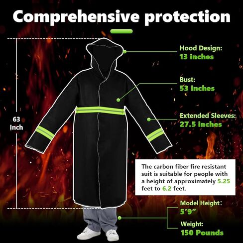 Fireproof Cloak 1832°F Heat Resistant Suit w/Reflective Stripes & Hood, Carbon Fiber Fireproof Suit for Home Factory in Kuwait