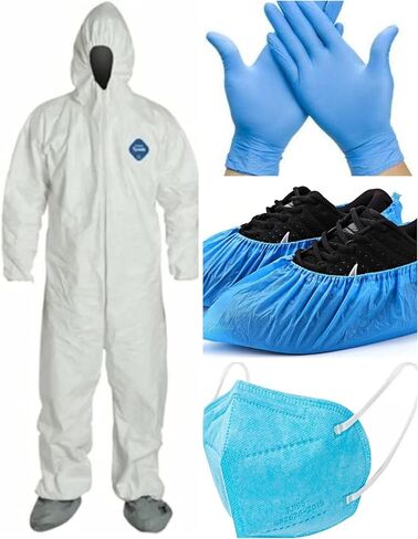 PRIME GUARD Hazmat PPE غطاء واقي يمكن التخلص منه مع خصر مرن ومعصمين وكاحلين مع قفازات وأحذية طويلة وقناع in Kuwait