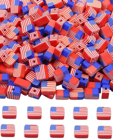 MSCFTFB 200 Pieces Small USA Flag Polymer Clay Beads 2/5 inch Patriotic Spacer Beads Thick Slices Square Charms DIY Beading Jewelry Making 4th of July Independance Day Decor (USA) in Kuwait