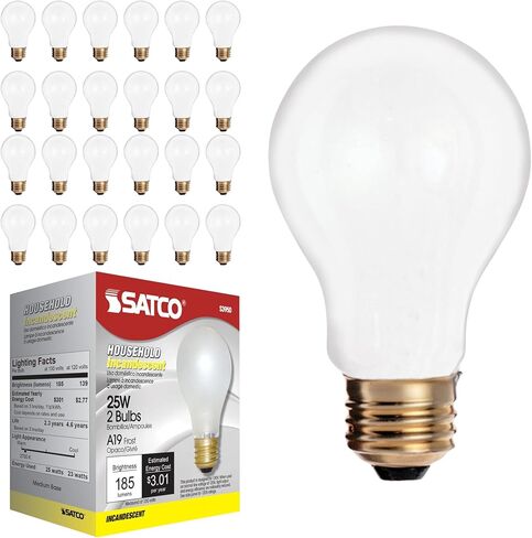Satco S3950 A19 Incandescent Bulb, 25W, 130V, Frosted Finish, 180 Lumens, Medium E26 Base, Dimmable, 2700K Warm White, 2,500 Hour Lifespan (24 Bulbs) in Saudi Arabia